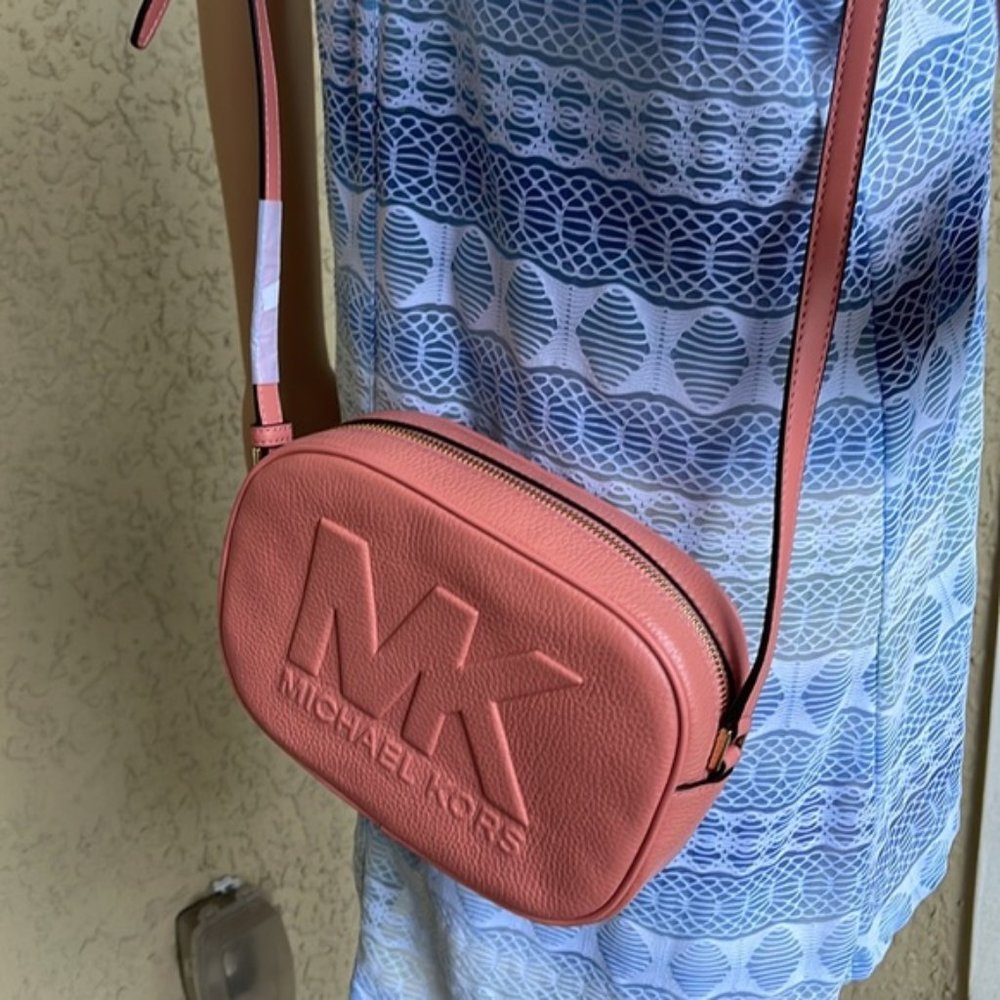 MICHAEL KORS Jet Set Medium Embossed Pebbled Leather Crossbody Bag Sherbert - Picture 9 of 16